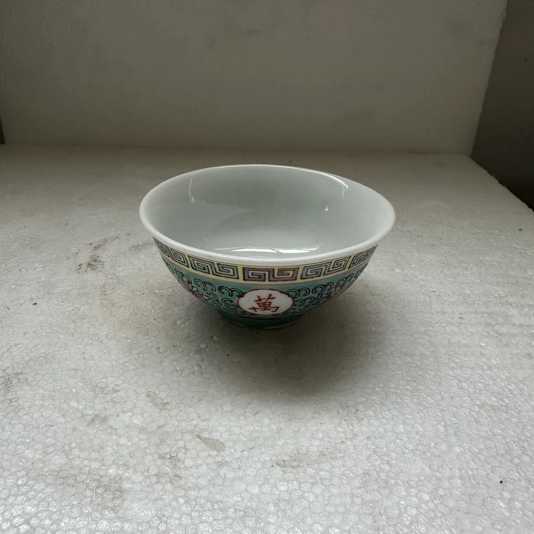 景德镇手绘绿万寿无疆茶碗