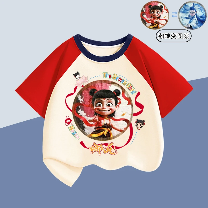 女童纯棉短袖t恤2025新款插肩夏季哪吒变色亮片宽松圆领短袖T恤