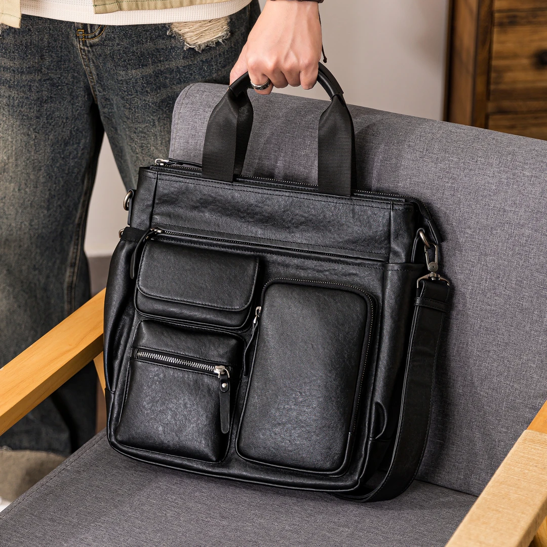 后步原创真皮男士单肩斜挎包头层牛皮大容量休闲百搭多口袋手提包