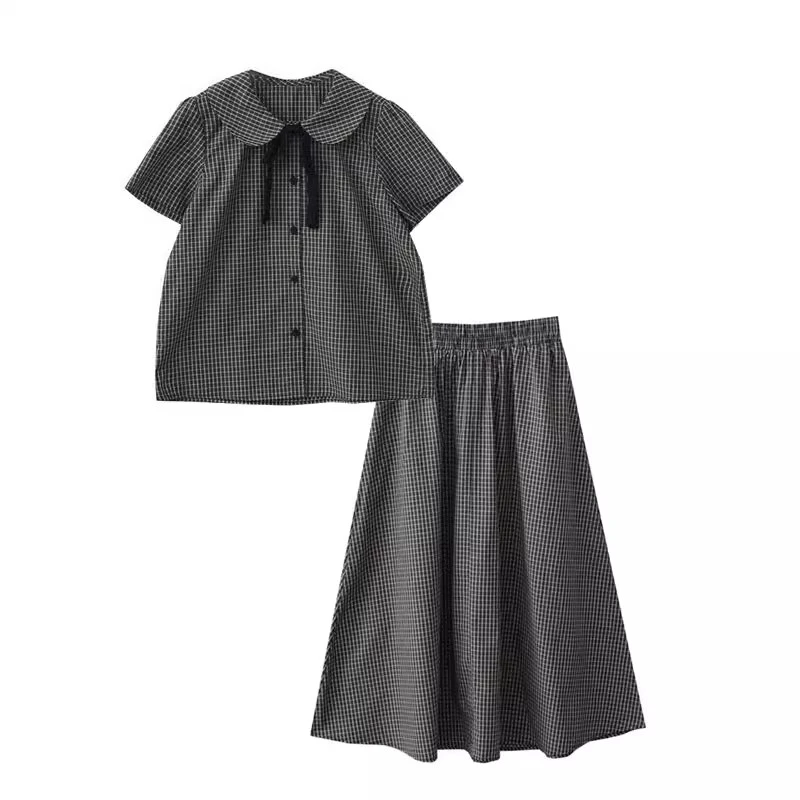 自制2025夏季新款日系复古学院风娃娃领格子衬衫半身裙两件套装女