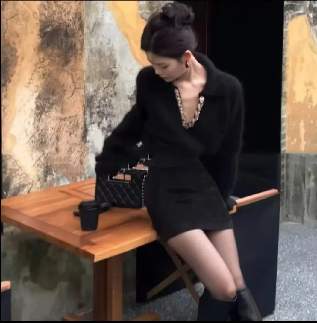 K346复古好莱坞梦幻简约高定设计通勤百搭春季外穿毛衣连衣裙