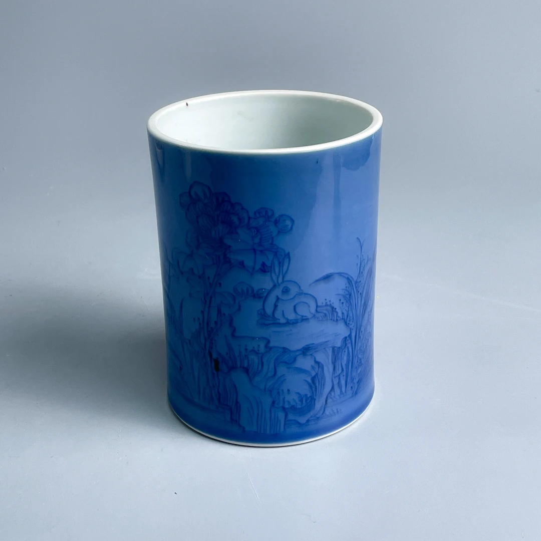 瓷器/古董康熙蓝上蓝玉兔笔筒-M25BU001B06古玩/收藏/文物/绣花张