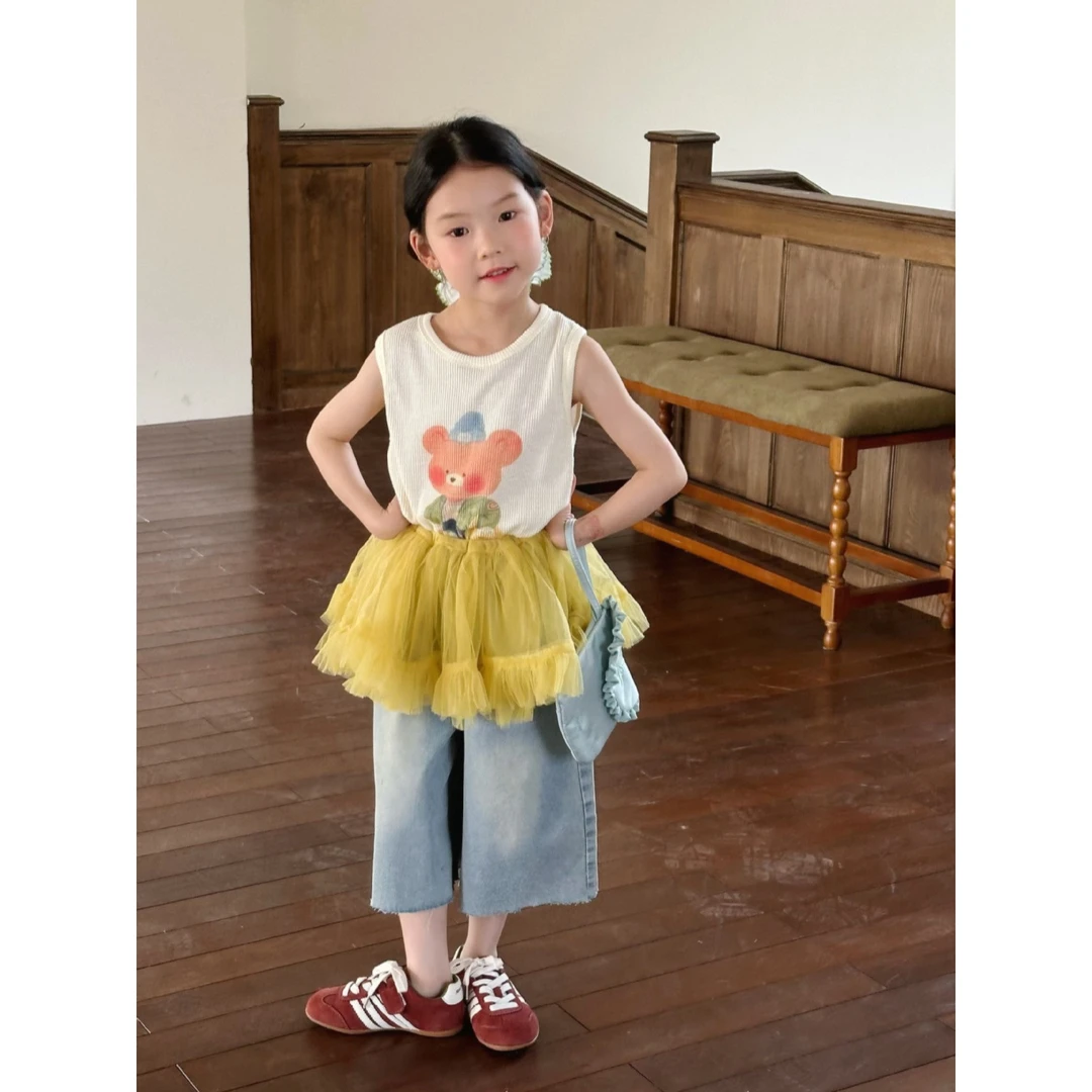2025夏季新款童装 韩版童装 女童可爱印花背心 嫩黄背心 夏背心