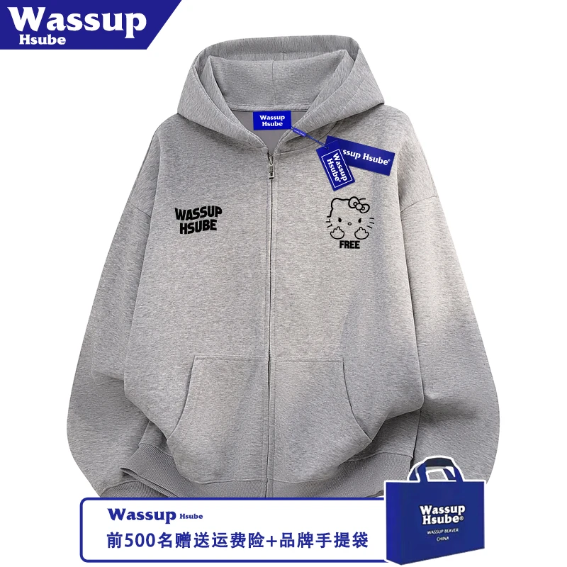 WASSUP HSUBE秋冬男女款开衫凯蒂猫英文印花卫衣浅灰拉链连帽外套