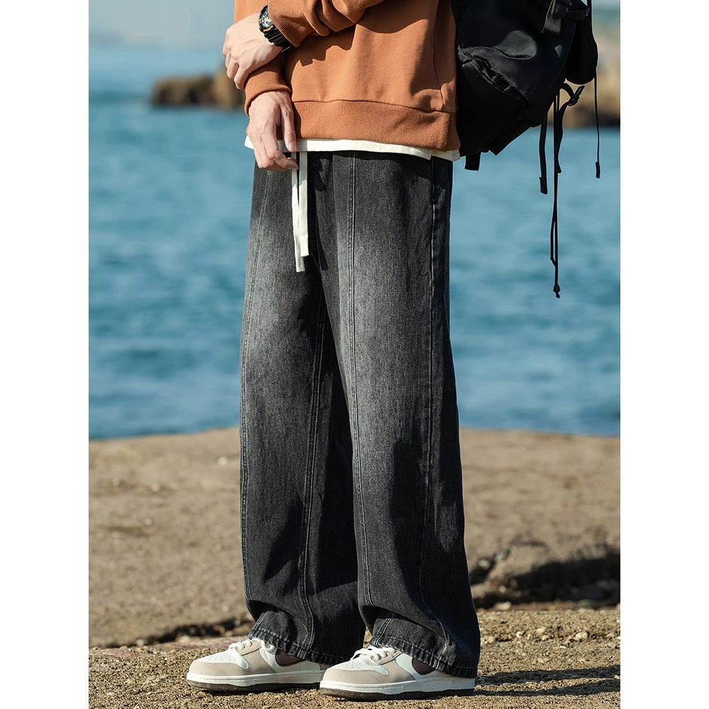 【TQUX港奢男装】青少年牛仔裤男夏季款黑灰色痞帅宽松直筒裤美式