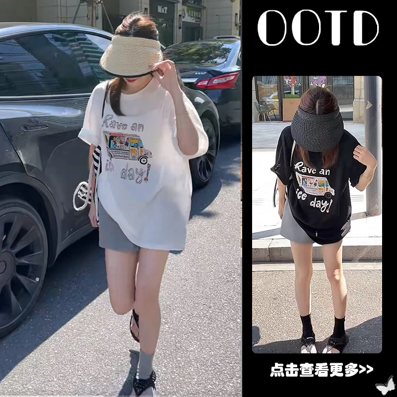 超火夏季穿搭一整套女2025新款白色印花短袖T恤高腰短裤两件套