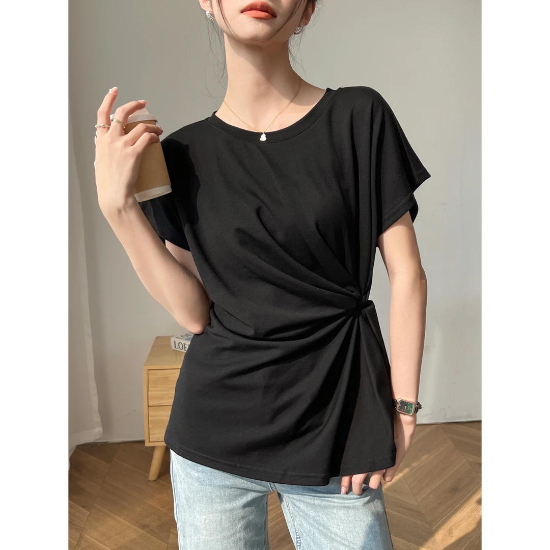 黑色圆领短袖女t恤2025新款夏季休闲设计感收腰内搭打底外穿上衣