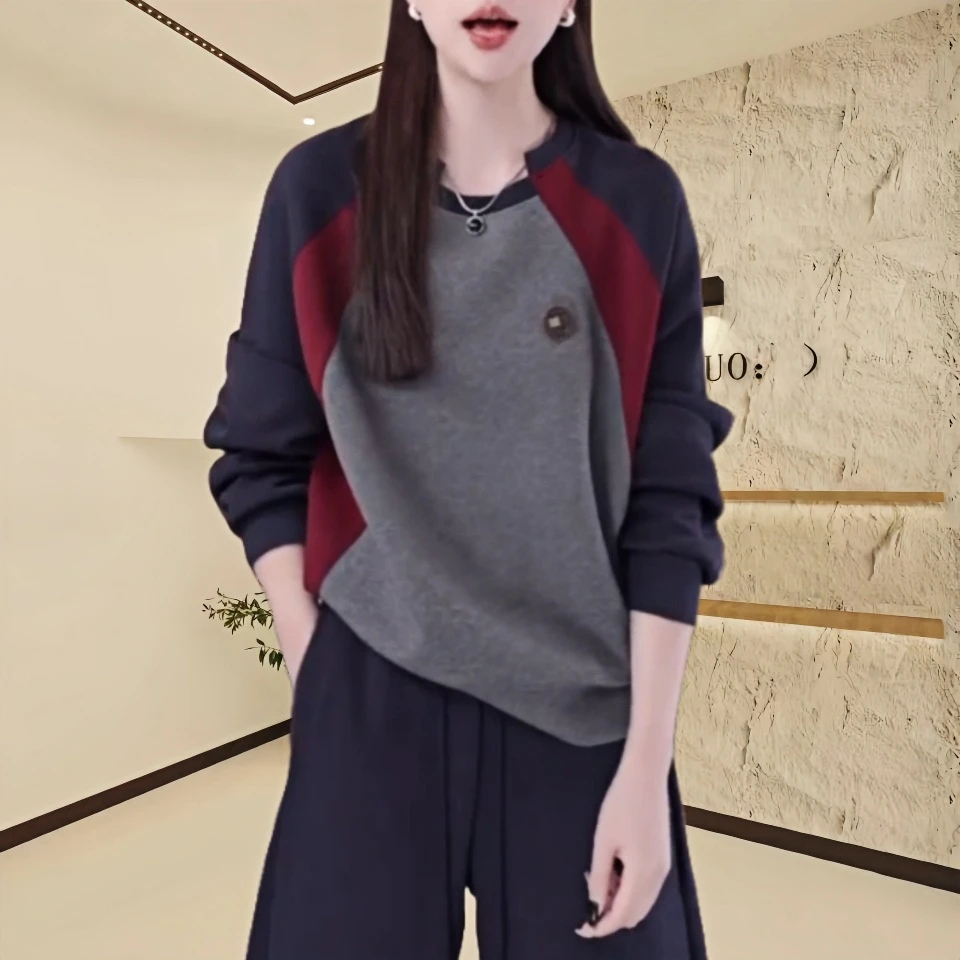 拼色袖圆领套头卫衣女2025春季新款宽松休闲妈妈装短款长袖上衣