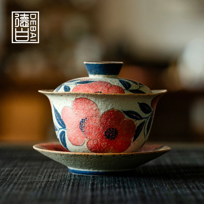 德白青花火石红陶瓷三才盖碗创意纯手绘桃花泡茶碗不烫手功夫茶具