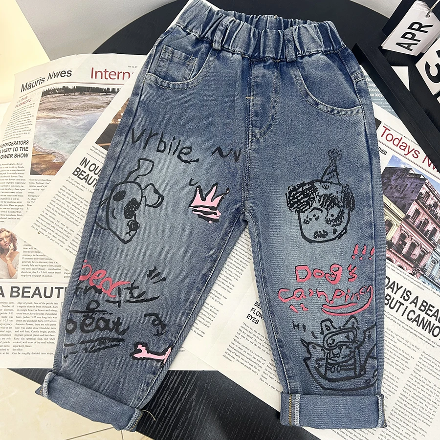 喜嘟童长裤九分女黄冠狗狗牛仔裤休闲童装男童时尚高腰夏季薄款