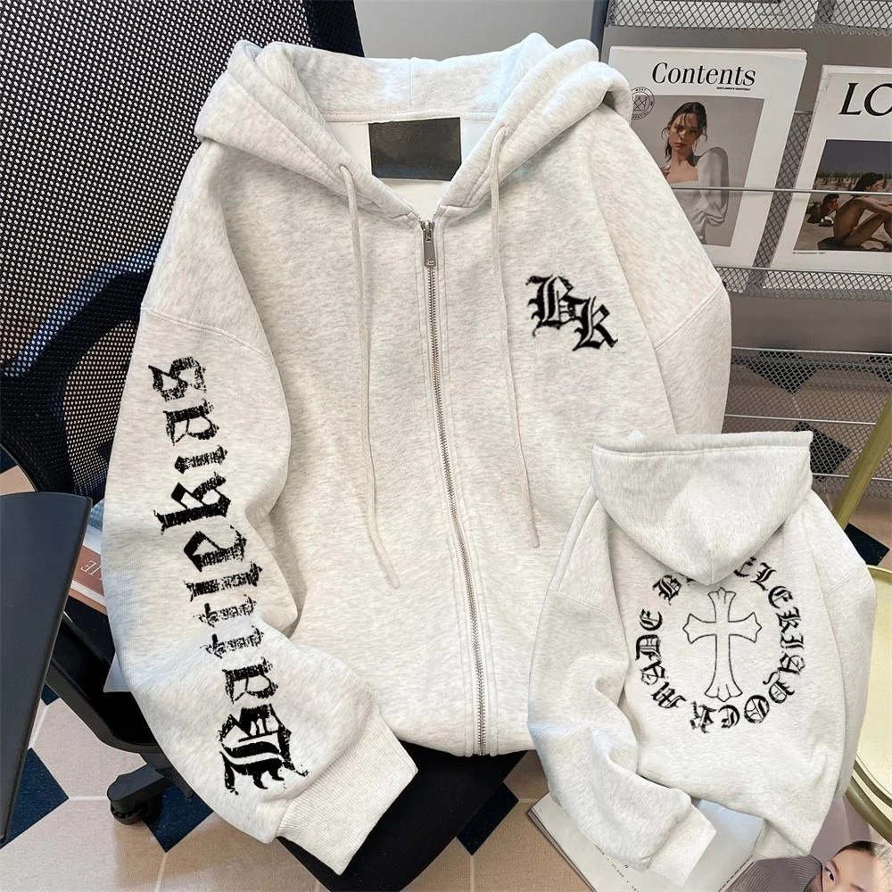 秋冬大码男士拉链卫衣美式高街哥特风300斤连帽潮牌休闲开衫外套2