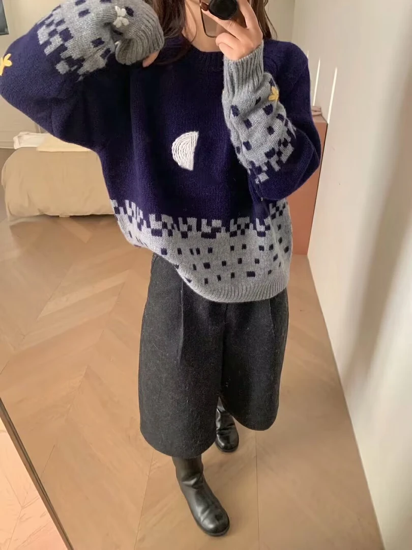 【星星月亮】韩系撞色手工钩花星星月亮图案套头毛衣