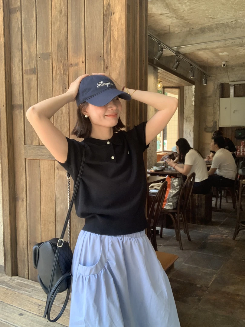 POLO领上衣冰丝针织衫显瘦打底衫小个子短袖T恤洋气时髦衫夏#717