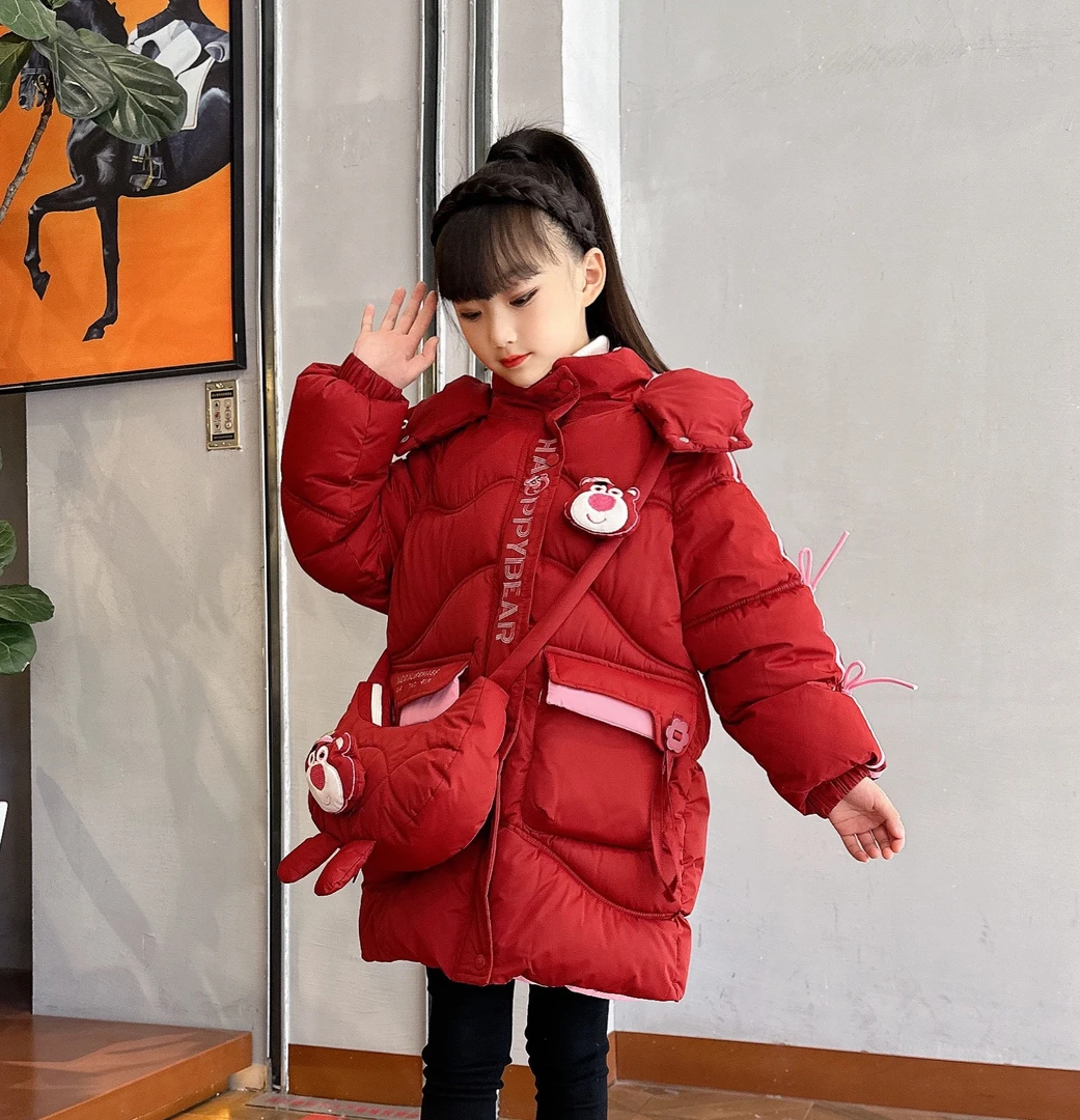 草莓熊棉袄棉服外套中大童连帽加绒加厚洋气冬季中长款保暖韩版