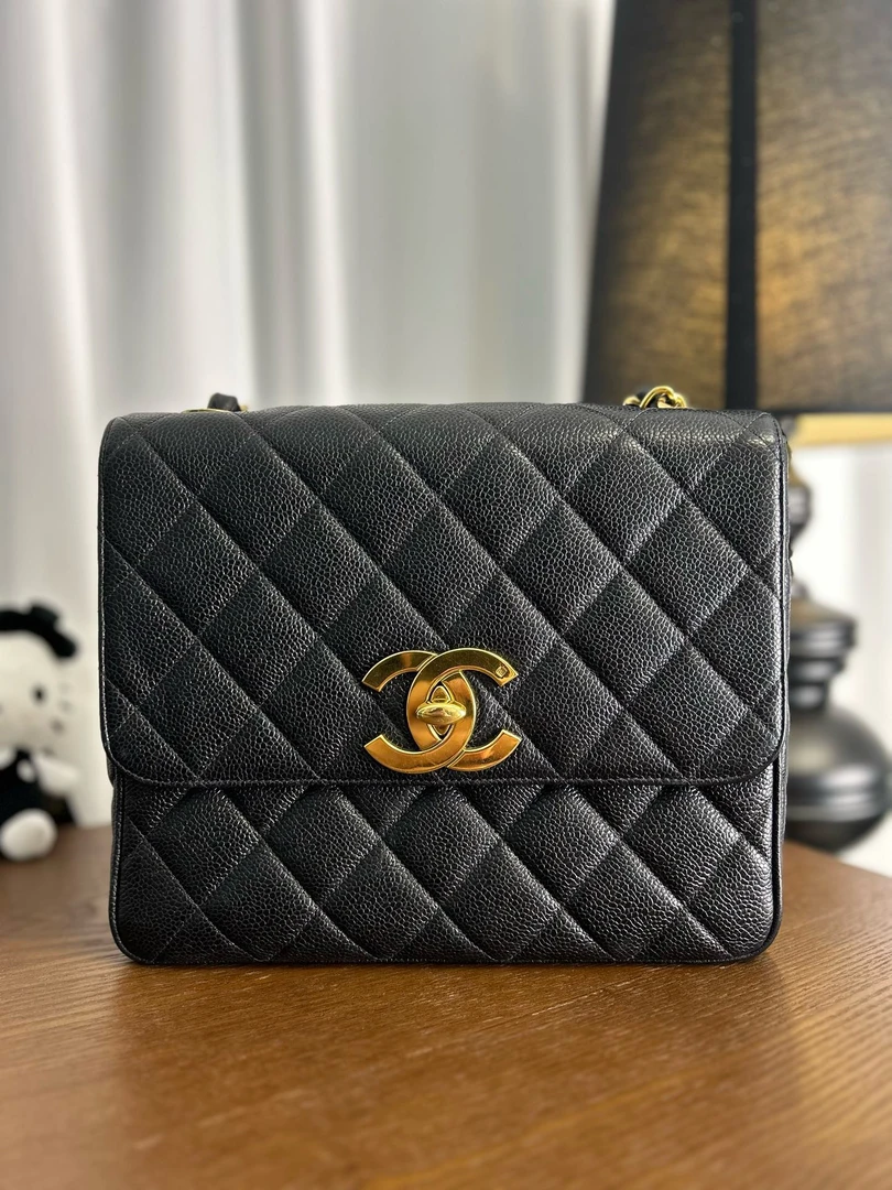 99新 Chanel/香奈儿 中古黑金荔枝牛皮贝嫂小号方胖子单肩斜挎包