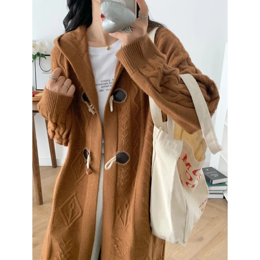 玳妮【言情女主】春季新款连帽大长款毛衣开衫气质网红时尚百搭淑女