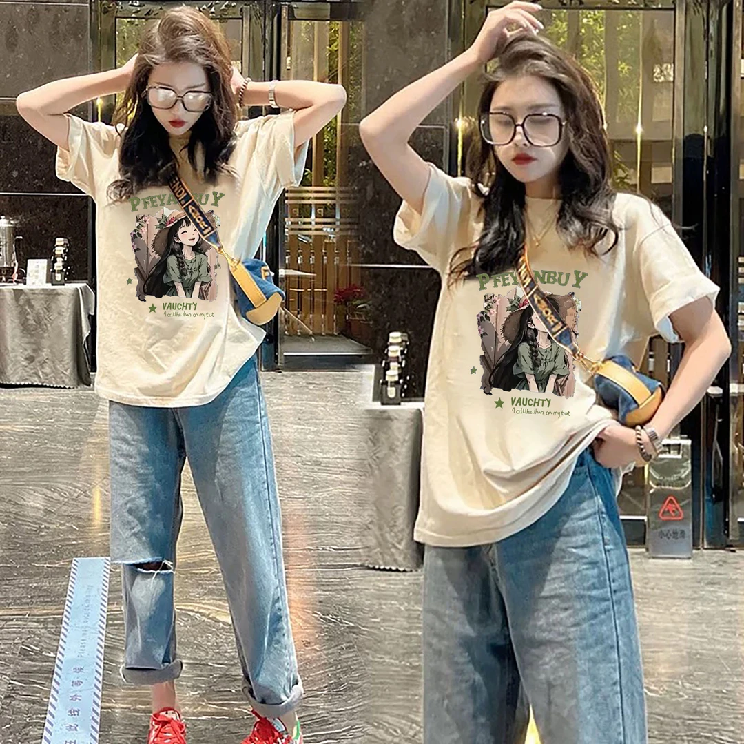 100%纯棉短袖t恤女夏季2025新款韩版印花宽松大码显瘦体恤上衣女