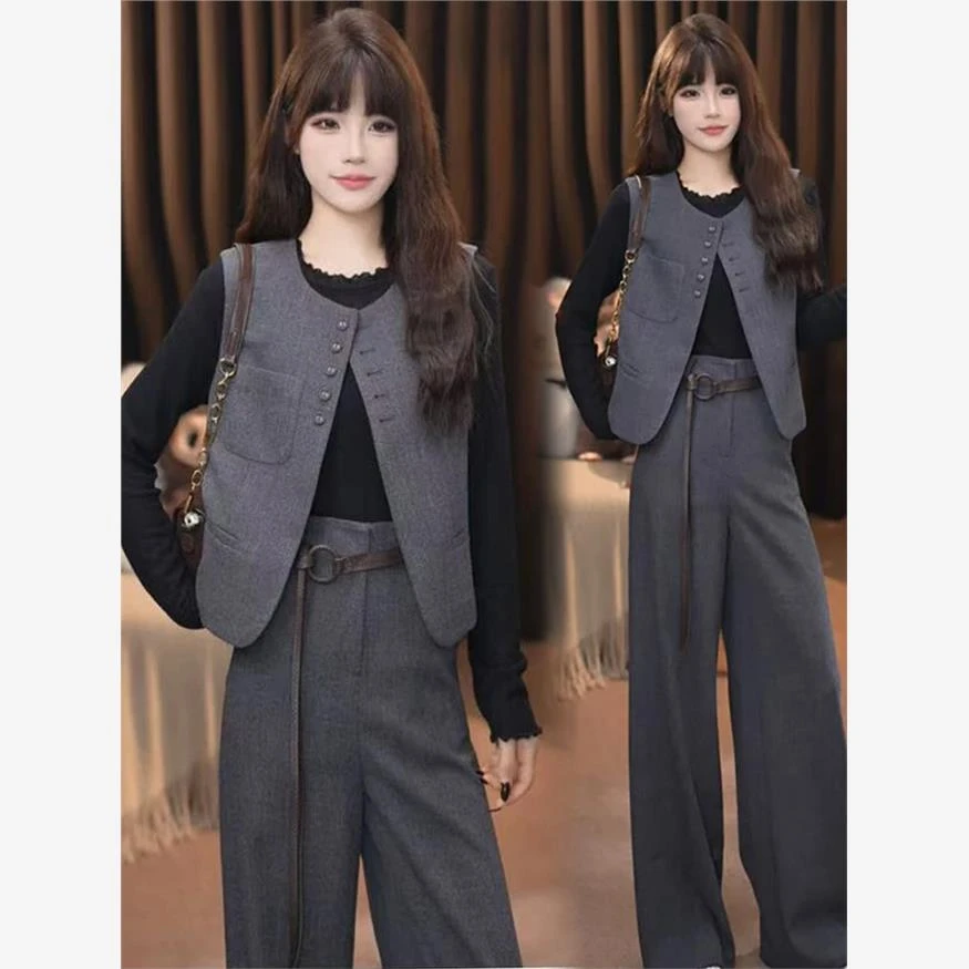 时尚西装套装女2025秋季新款洋气显瘦无袖马甲打底衫阔腿裤三件套