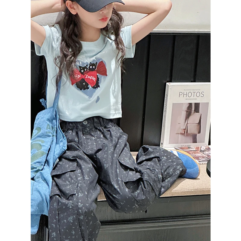 K29008 撞色女童T恤短袖夏装儿童短款上衣2025新款女大童打底衫潮