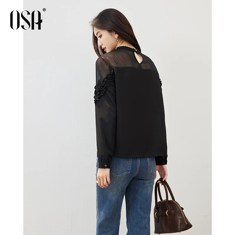 【OSA/欧莎】简约缎面雪纺衫女休闲通勤设计感木耳边上衣S125C17008