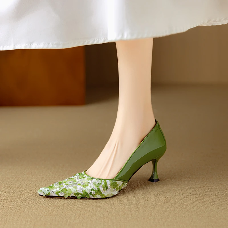 6.5cm仙女风珍珠高跟鞋细跟真皮春夏时尚搭裙子尖头浅口花朵单鞋