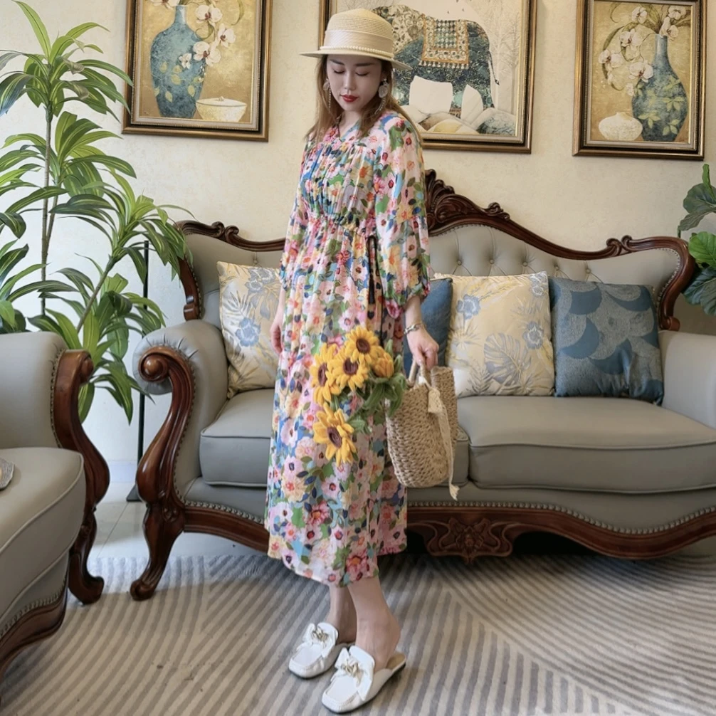 【春花烂漫】碎花连衣裙抽绳收腰度假风时尚宽松显瘦V领气质长裙