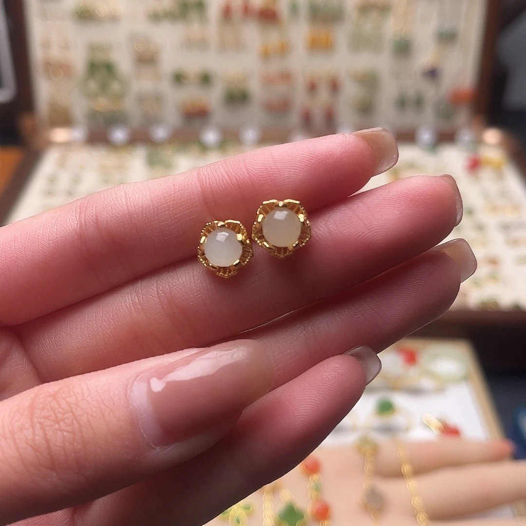 和田玉银S925镀金镶嵌耳饰