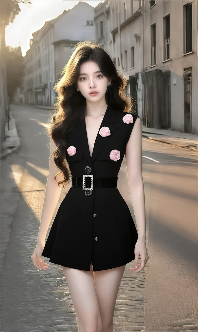 新款时尚轻奢设计感黑色V领无袖粉色立体花朵收腰系带连衣裙子女