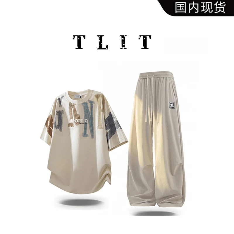 【品牌现货】TLIT男生透气印花短袖T恤套装男夏季新款潮流休闲服