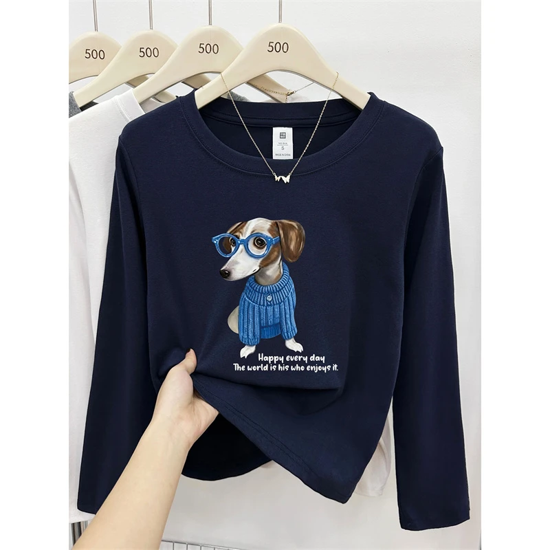 胖mm大码女装圆领长袖t恤秋季新款韩版狗狗印花打底衫正肩上衣服