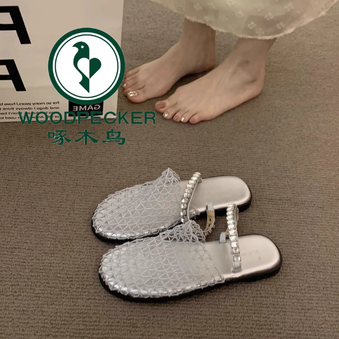 啄木鸟法式镂空黑色链条气质包头凉鞋女夏温柔波西米亚度假半拖鞋