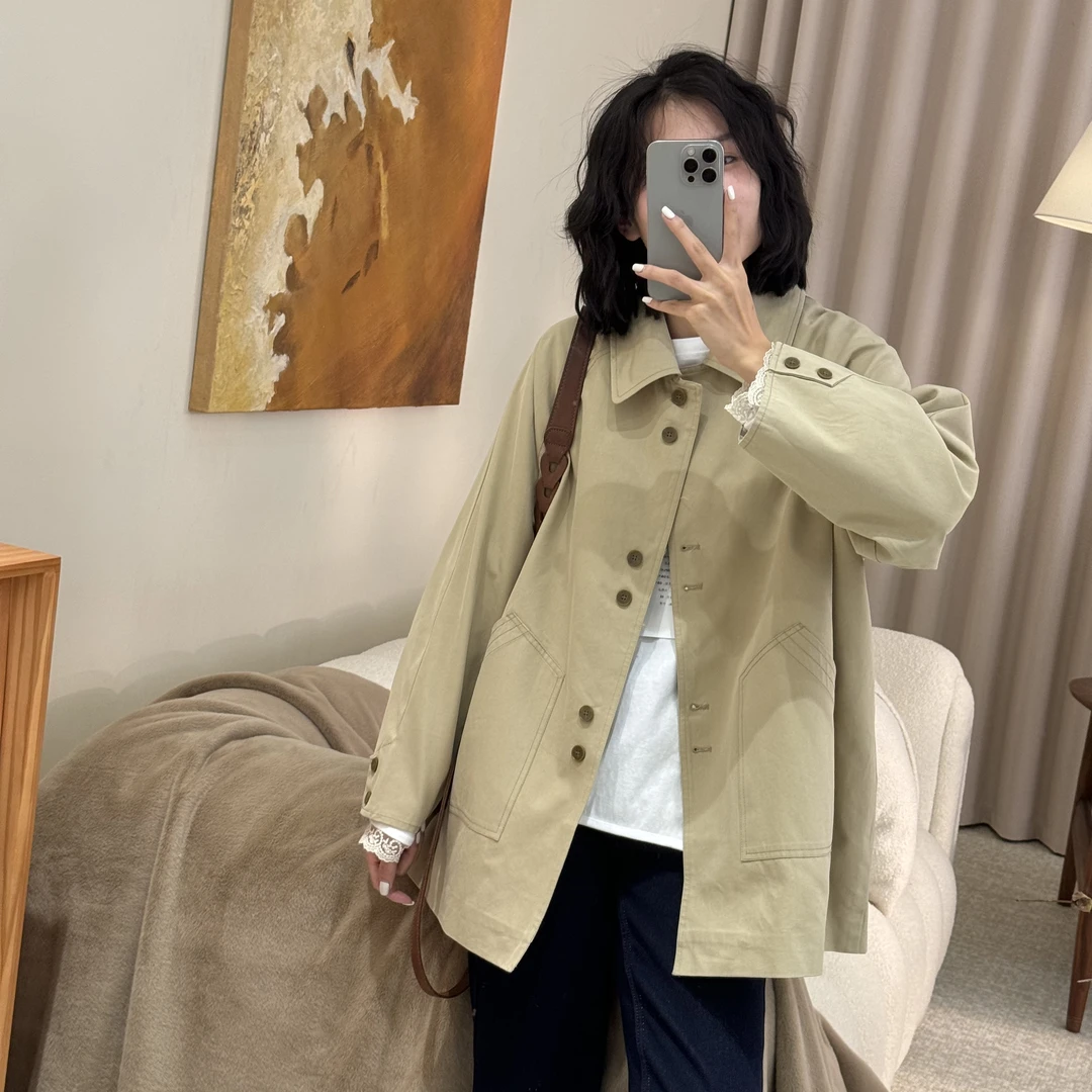 喜樂  2025简约款风衣外套春季新款时尚百搭翻领宽松纯色显瘦女士