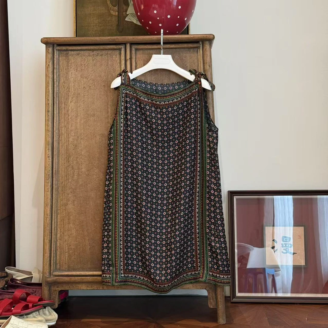 MYL 2025夏季16姆米桑蚕丝混纺彩色花朵吊带裙一字领无袖连衣裙