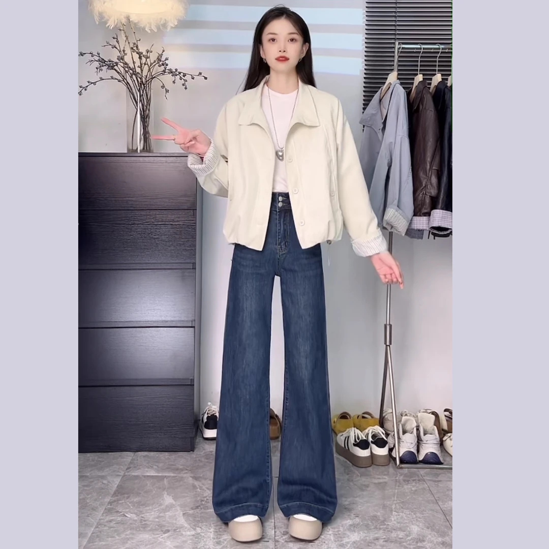 阔腿裤牛仔裤女高腰秋季新款弹力网红宽松直筒裤显瘦长裤潮7762
