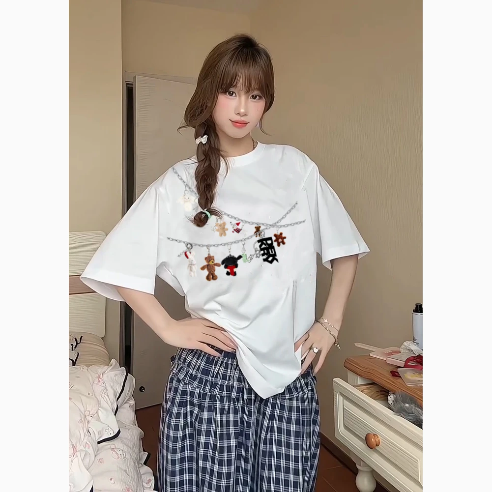 labzaa美式卡通娃娃链接印花短袖t恤男女夏圆领宽松百搭休闲上衣