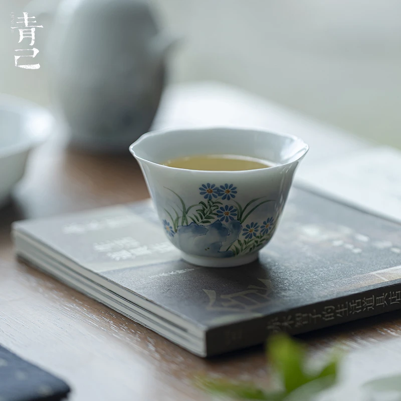 青己手绘青花野菊赋陶瓷茶杯功夫茶具釉下彩玉泥家用喝茶杯品茗杯