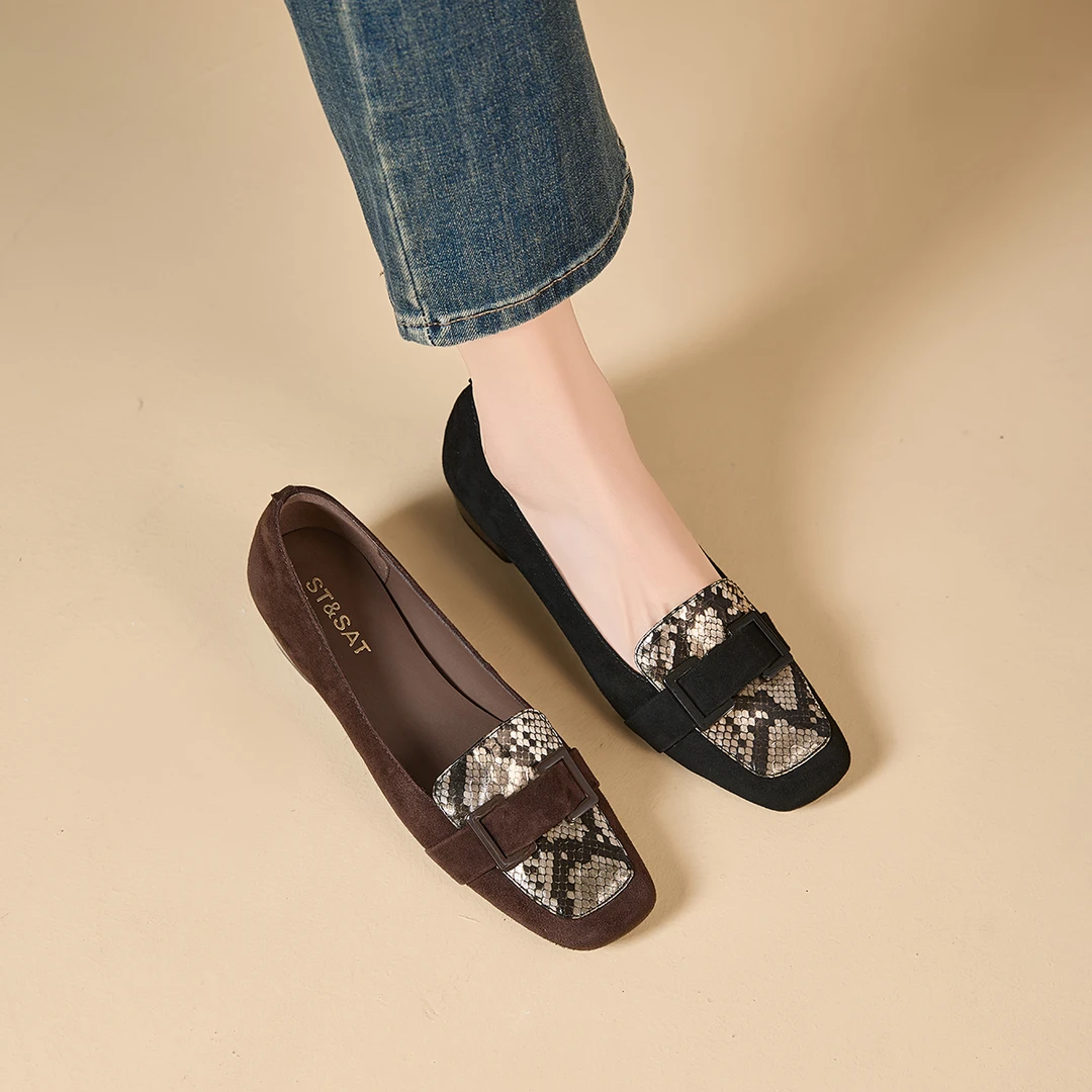 【黑金专柜高定】羊皮+牛皮/3cm 星期六时尚真皮方头气质低跟单鞋