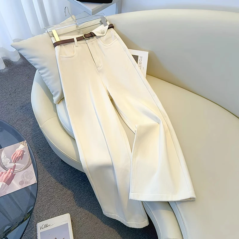 拉夏贝尔米白色阔腿牛仔裤女春2025年新款高腰显瘦宽松拖地直筒裤