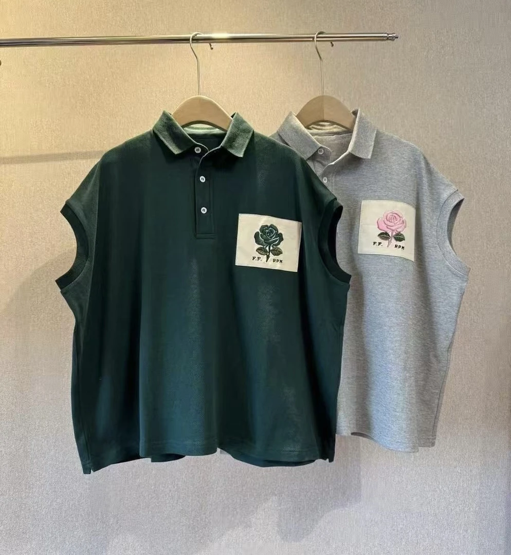 25新款绣玫瑰T恤B7058时尚百搭休闲夏季潮流无袖设计师翻领宽松