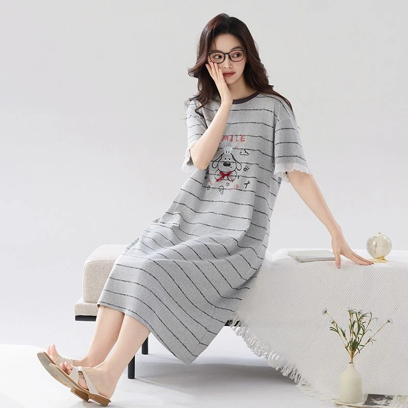 夏季纯棉中长款睡裙短袖薄款连衣裙可爱夏天睡衣女大码宽松家居服