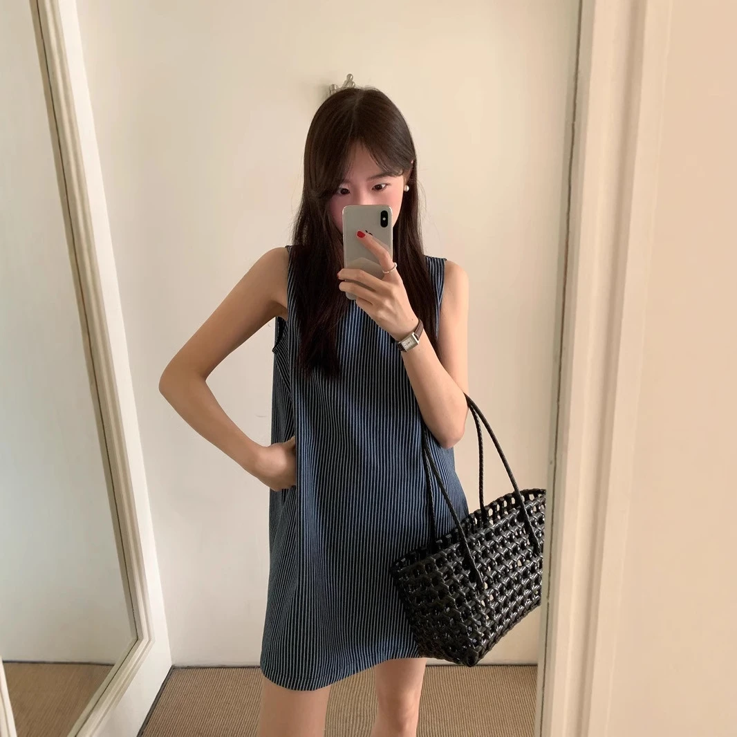 条纹宽松无袖背心裙简约休闲新品女装小个子圆领实拍韩系牛仔