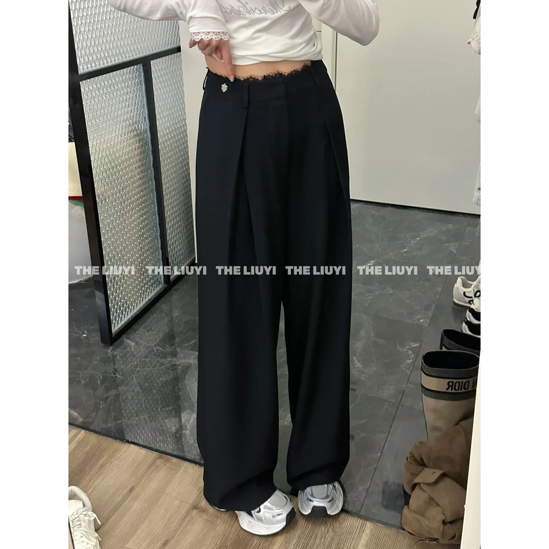 【LIUYI】心机裤~春夏拼接蕾丝边显瘦高腰西装裤53021