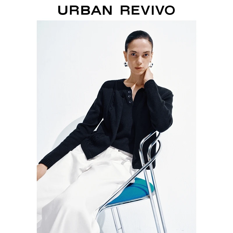 UR2025冬季新款女装简约休闲格雷系假两件针织衫UWU950034