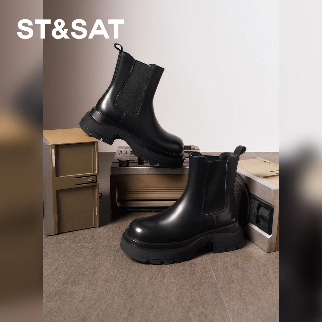 St&Sat/星期六2025款春秋拼色圆头切尔西靴时尚靴子中筒百搭女靴