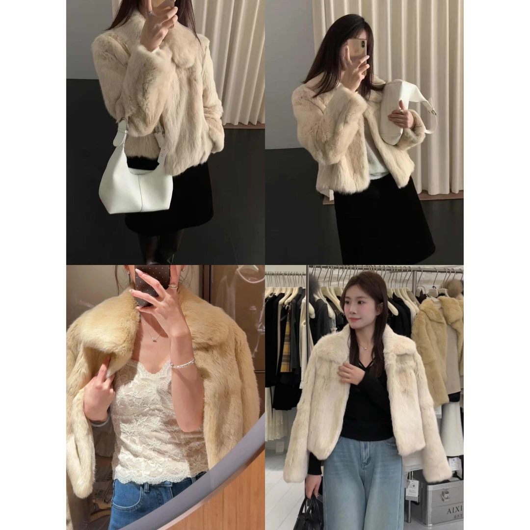 15667#『冬日千金兔』韩系翻领真兔毛气质毛毛外套（会轻微掉毛）