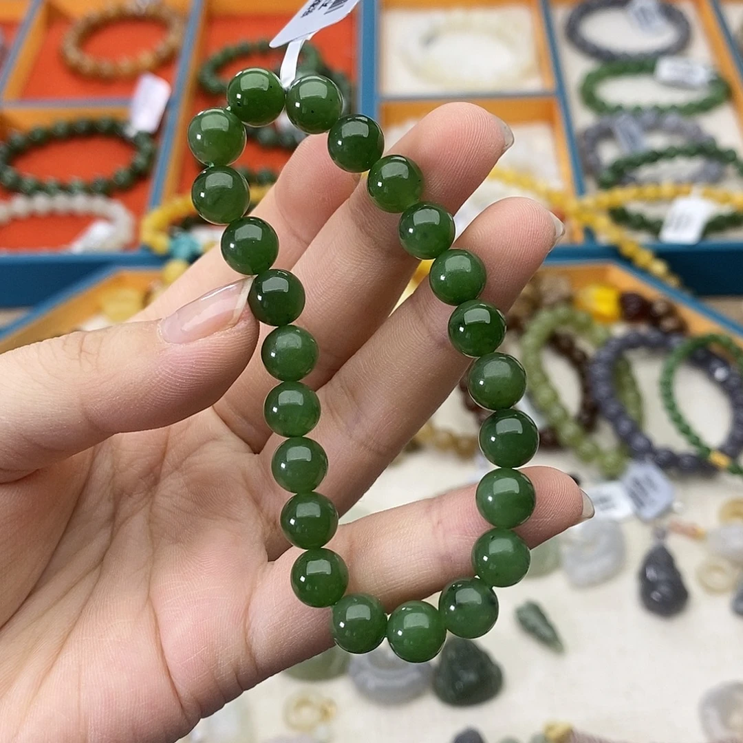和田玉未镶嵌手链w13碧玉辣阳绿8mm
