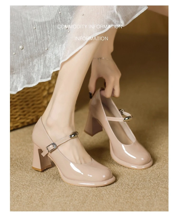 携夫人7.5CM玛丽珍高跟鞋2025新款一字带粗跟气质甜美浅口小皮鞋