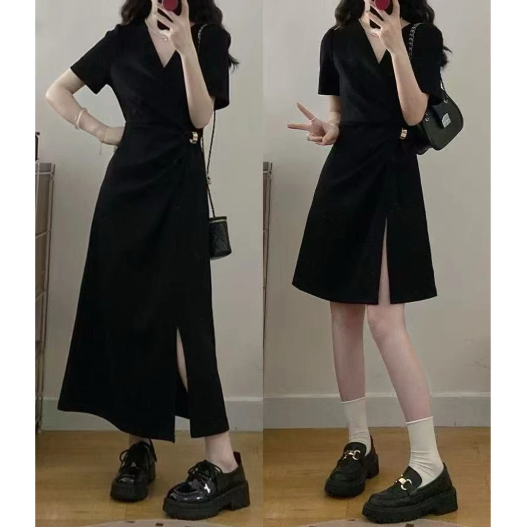 5925-2025年夏季新款时尚时尚洋气收腰侧开叉显瘦连衣裙