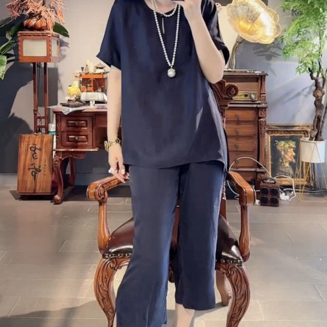新中式国风时尚套装女2025夏季v领侧开叉中长款上衣小脚裤两件套