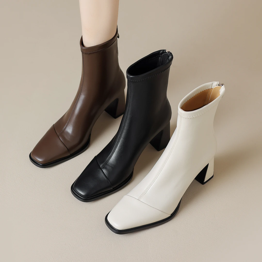 【跟高6cm】秋冬新款真皮百搭方头高跟短靴弹力靴女粗跟瘦瘦靴显瘦